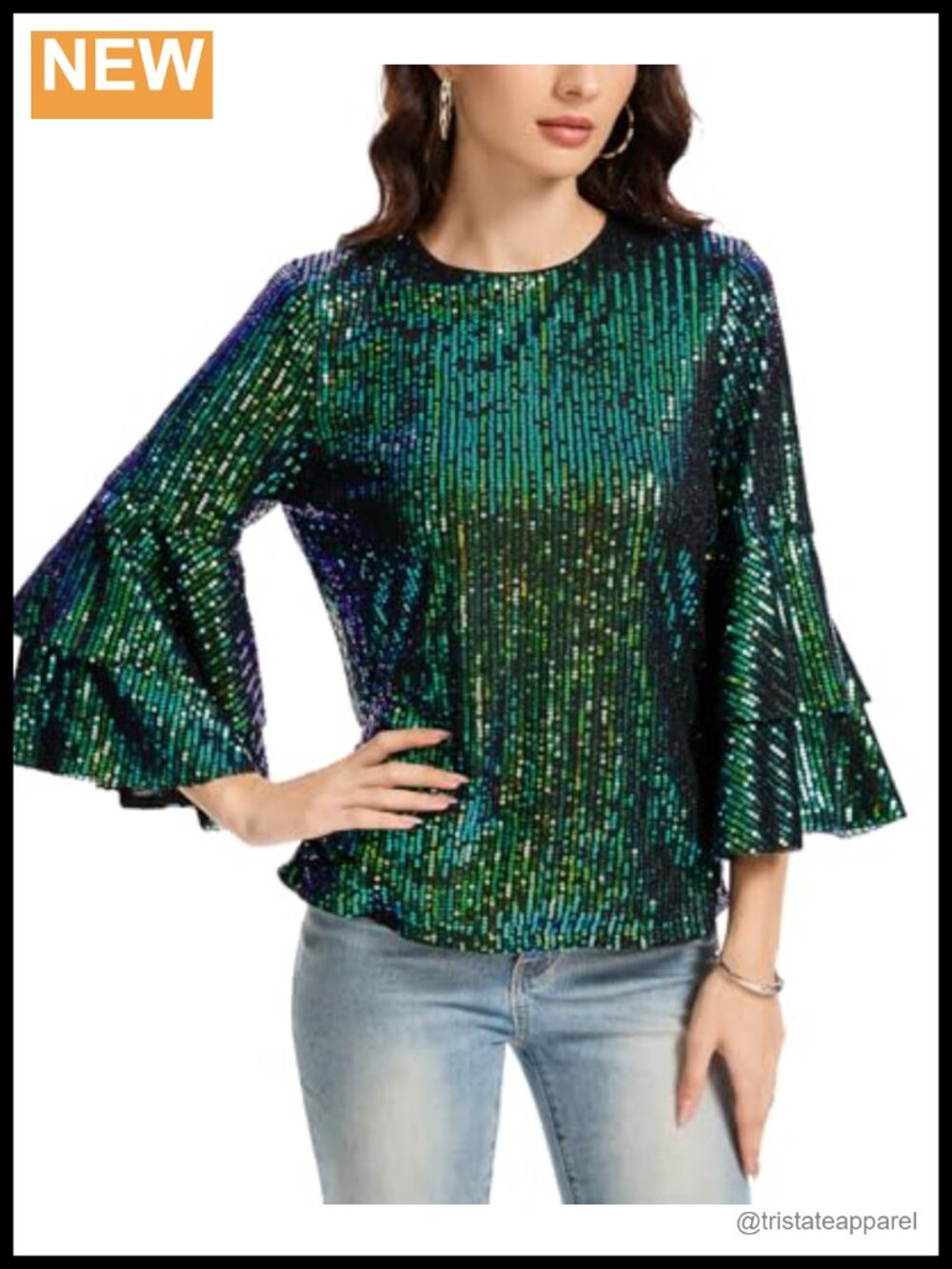 Women's Sequin 3/4 Sleeve Sparkly Blouse Fully Lined Tunic